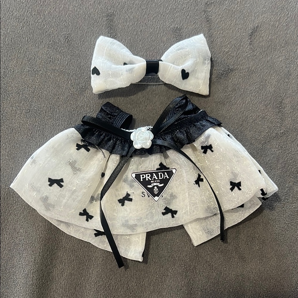 Labubu fashion White and Black Dress with Bow Set